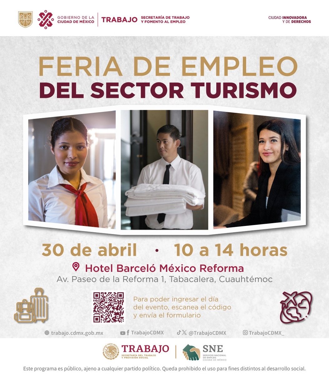 🏨 La Feria de Empleo del sector Turismo se realizará en @barcelohoteles.
🗓️ 30 de abril de 10 a 14 h. 
📍Av. Paseo de la Reforma 1, Tabacalera
📝 Registro: bit.ly/3U57VOJ #TrabajoEnLaCiudad