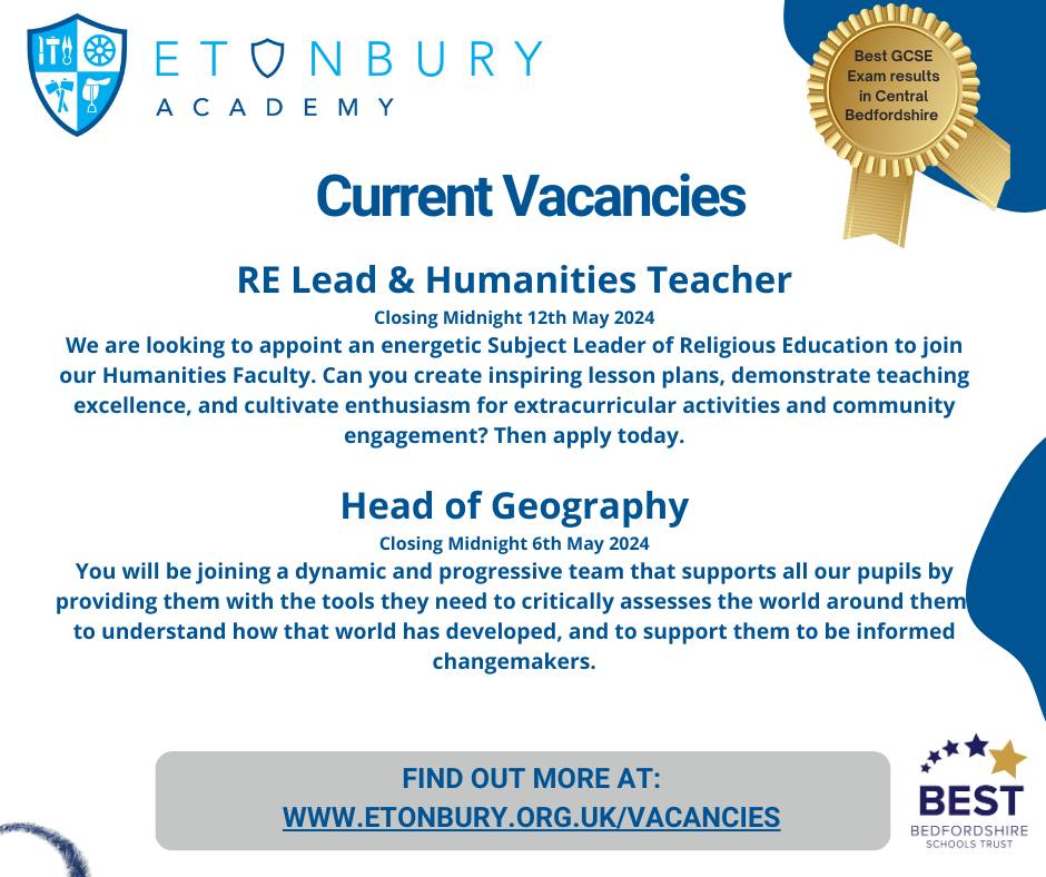 Our extended secondary school in Arlesey, @EtonburyAcademy, has the following teaching vacancies available: 🔵 Head of Geography 🔵 RE Lead & Humanities Teacher Find out more and apply online via the @mynewterm website: mynewterm.com/school/Etonbur… @EtaPrincipal