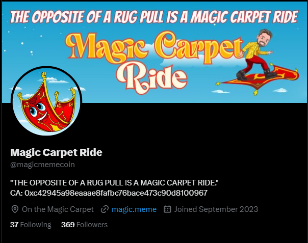 $Magic now has 369 followers on Twitter. #PulseChain network ID is 369. A top 6 holder of Magic has 3.69% of supply. Numbers are a sign. Synchronicity is flowing within #magiccarpetride.

#magicmeme