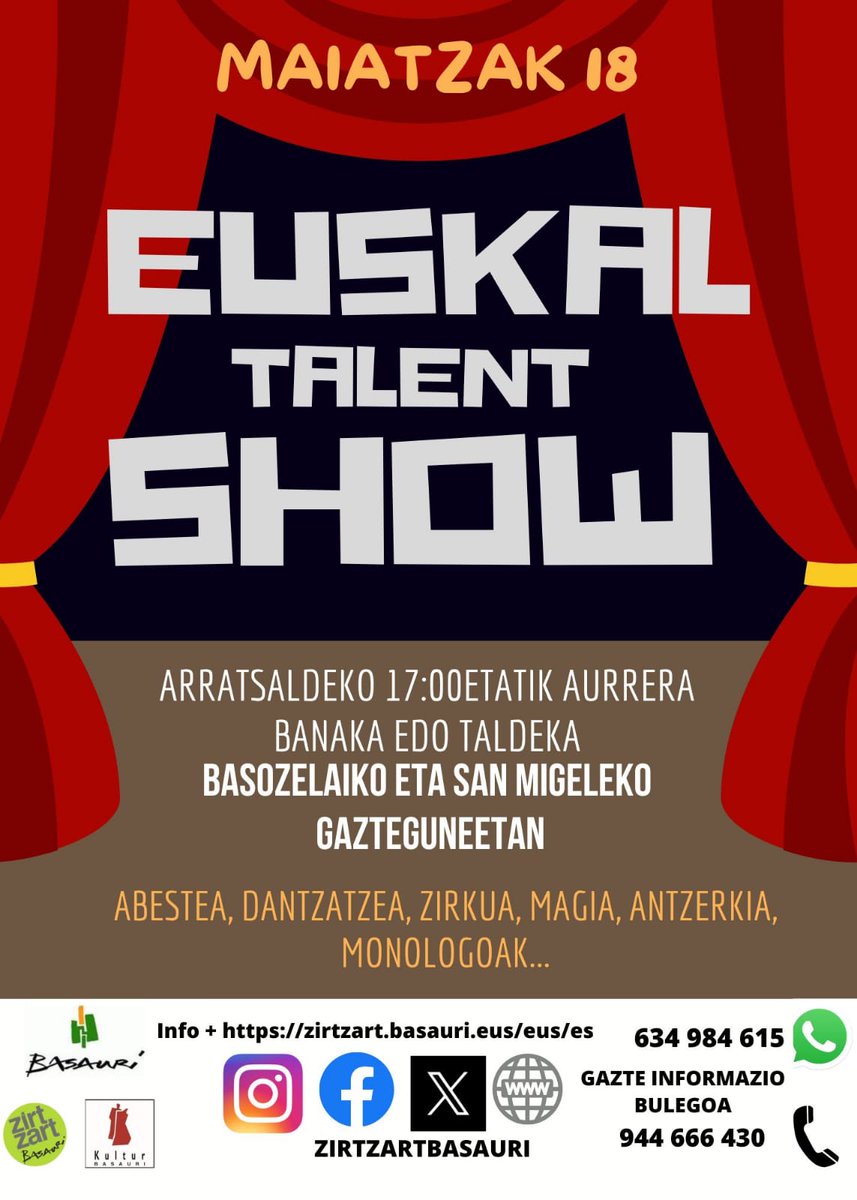 ⭐ZirtZart Basauri Gazteria zerbitzuak, Euskara atalarekin elkarlanean, 'Euskal Talent Show' antolatuko du⭐
 zirtzart.basauri.eus/eu/berriak

@BasaurikoUdala #Basauri #zirtzart @basauritarrak #gazteak #euskara