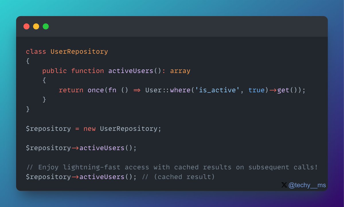 Speed up your Laravel app with 'once' function! Cache callback results for faster access. 
Follow for the latest Laravel tips, tricks, and updates! 🚀 #PHP #Laravel #PerformanceBoost #LaravelTips