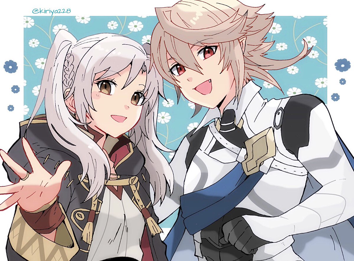 corrin (fire emblem) ,corrin (male) (fire emblem) ,robin (female) (fire emblem) ,robin (fire emblem) 1girl long hair looking at viewer smile open mouth short hair long sleeves  illustration images