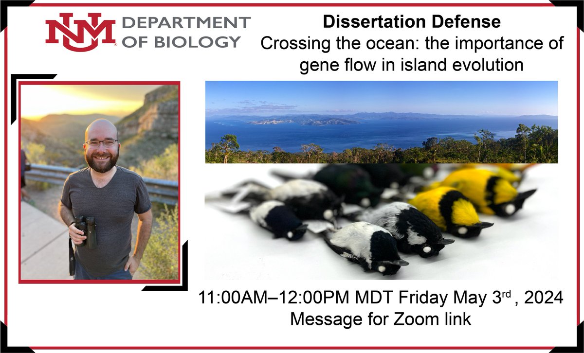 I can hardly believe the day has come, but I'll be defending my dissertation this Friday (May 3rd) at 11 AM MDT. I'm excited to share all the work I've been doing on gene flow in island birds (and beyond)! Send me a message if you want a zoom link.