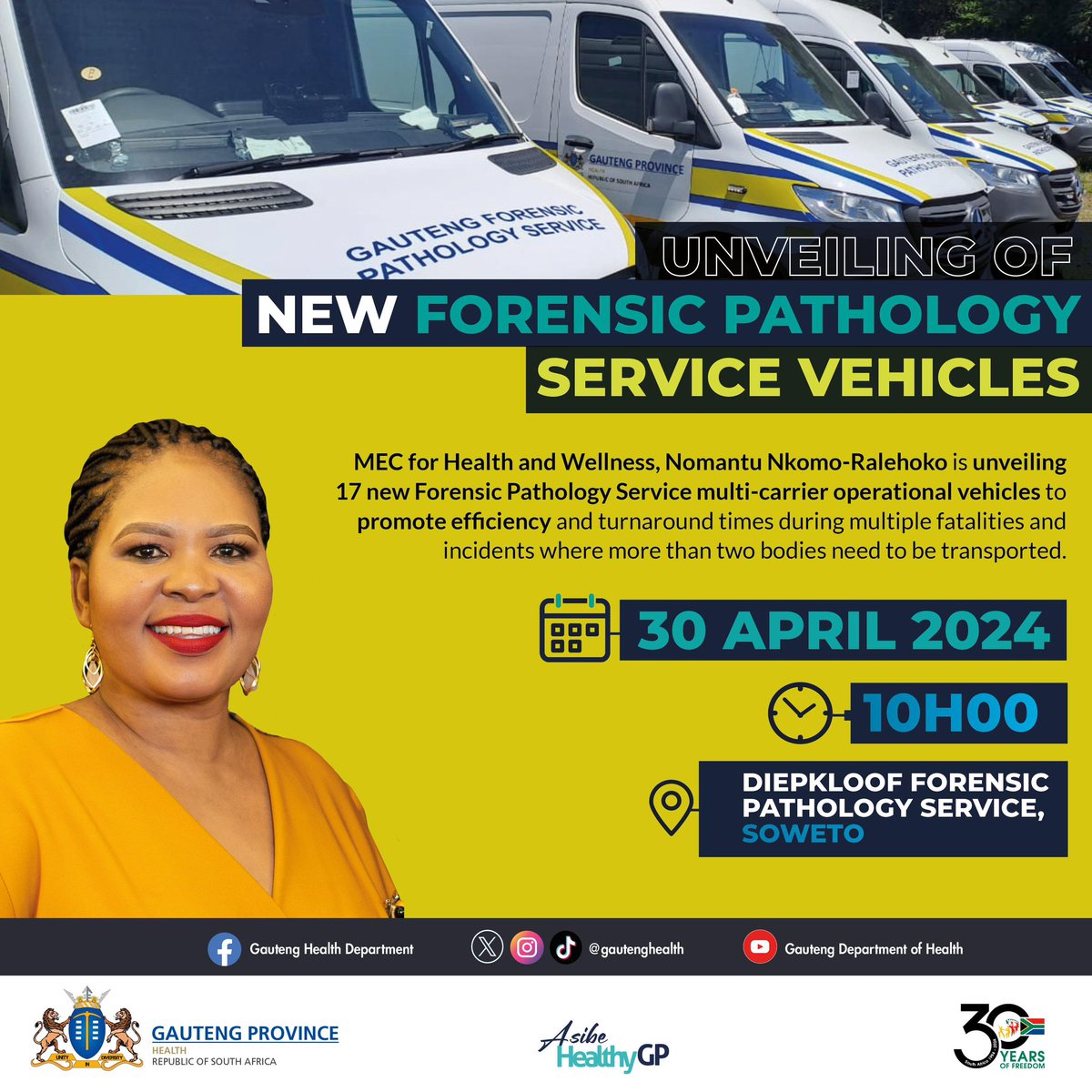 MEC @NkomoNomantu will tomorrow, 30 April 2024 unveil 17 new Forensic Pathology Service multi-carrier operational vehicles to promote efficiency and turnaround times during multiple fatalities and incidents where more than two bodies need to be transported #GrowingGautengTogether…