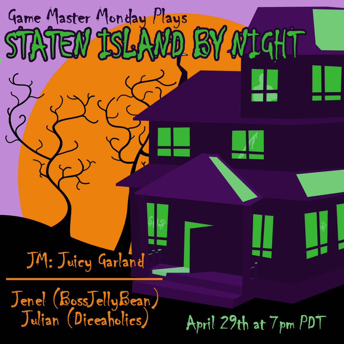 TONIGHT!! Join us for STATEN ISLAND BY NIGHT LIVE! We'll be playing a ridiculous one shot in Vampire: The Masquerade With special guest GM @JuicyGarland and ft @BossJellybean @DiceaholicsProd and Emma from Tabletop Spinners! Stream starts at 730pm PDT on Twitch! Link in bio!