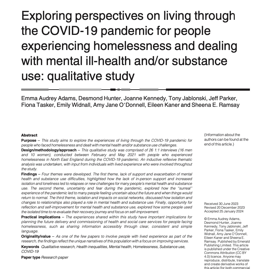 📢New Paper! Final paper from our @NIHRSPHR ResNet project exploring experiences of living through the pandemic for people experiencing #homelessness & #mentalhealth #substanceuse in North East England is now available in Advances in Dual Diagnosis!! doi.org/10.1108/ADD-06…