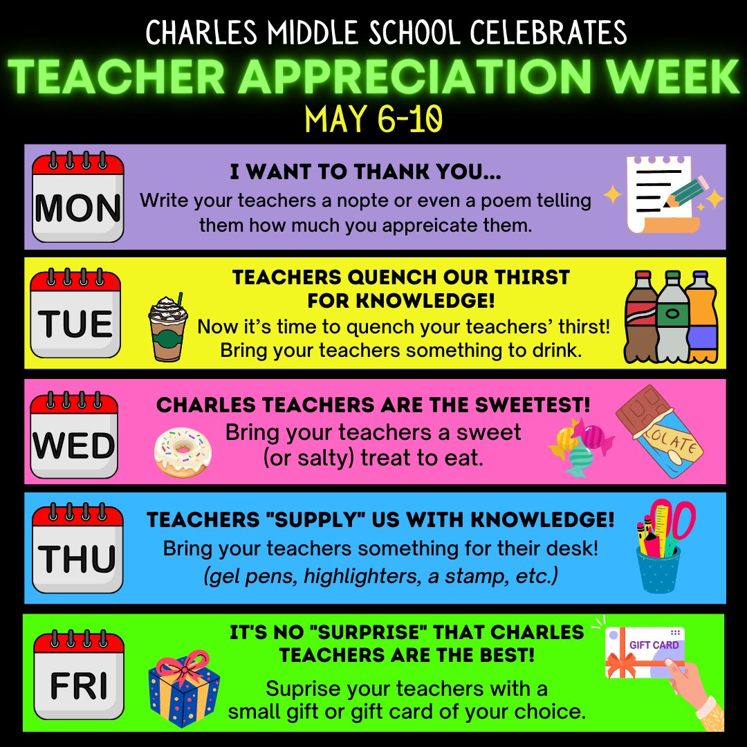 Next week is Teacher Appreciation Week! Please help us celebrate our amazing Charles teachers & all the wonderful things they do for our students. @NDeSantisEPISD @DottyCaldwell10 @ELPASO_ISD #TeacherAppreciationWeek