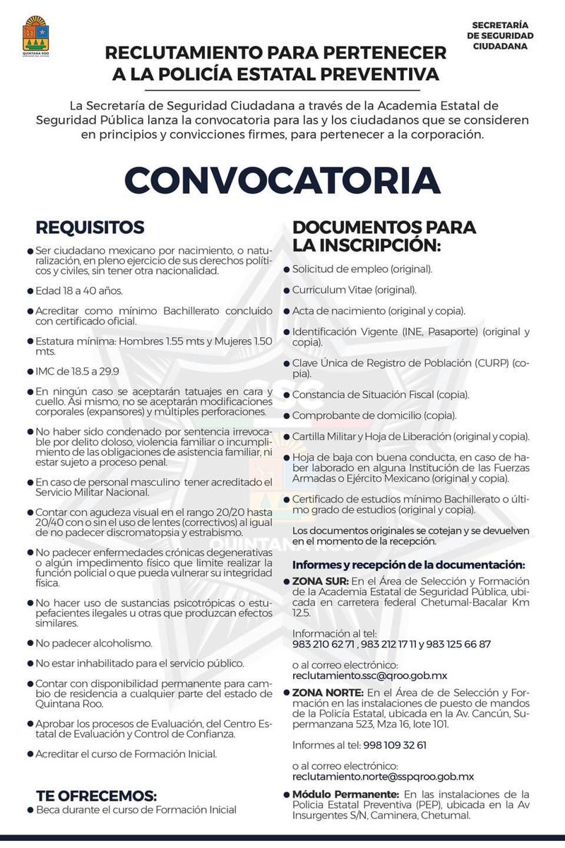 👮🏽‍♂️👮🏽 Se parte de la nueva generación de mujeres y hombres comprometidos por #QuintanaRoo. 

☎️👉🏼 Solicita más información en el siguiente 

link: wa.chatfuel.com/ConvocatoriaSS…

#CeroImpunidad 
#ServiryProteger