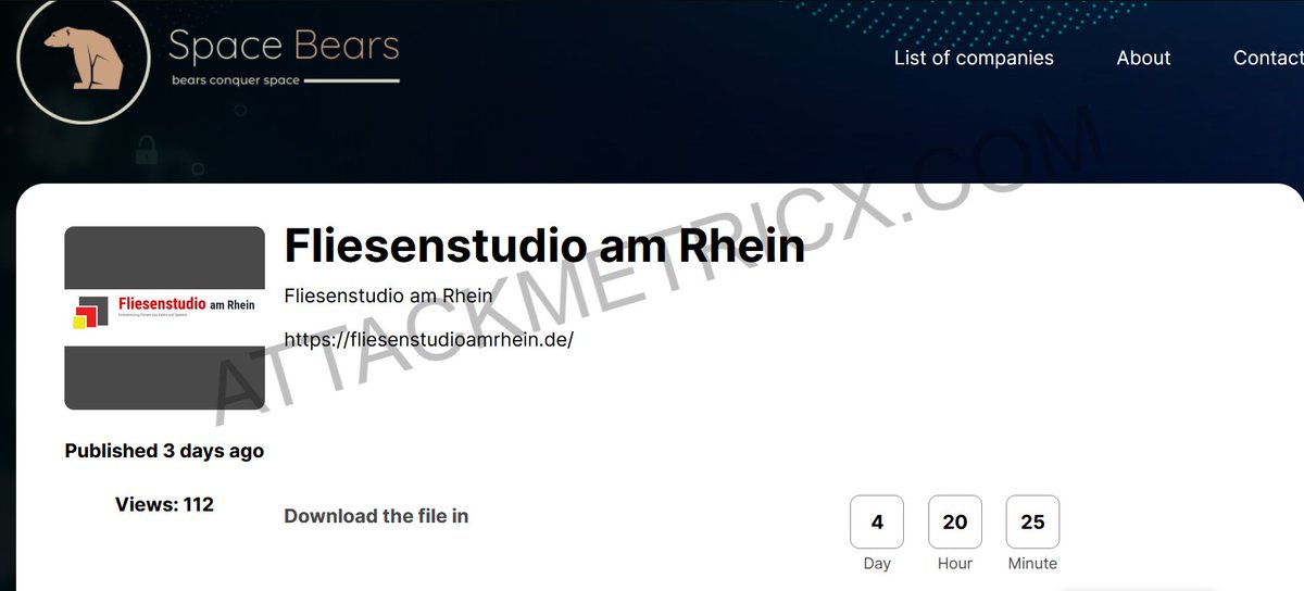 🚨 #Ransomware Alert: The group 'spacebears' has targeted Fliesenstudio am Rhein. .

The incident was discovered on April 29, 2024.

Data publication deadline set by 'spacebears' Deadline in 4 days.

#spacebears #attackmetricx #cymetricx #darkweb #threatintel #darkmetricx