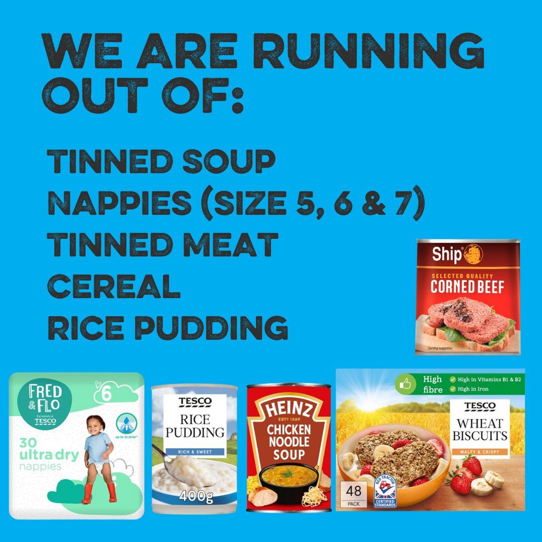 We're running desperately short of tinned soup, nappies, tinned meat, cereal and rice pudding. Please give what you can. You can drop donations to us at the Wally Foster Community Centre or order food online via our website. buff.ly/49SnhLN