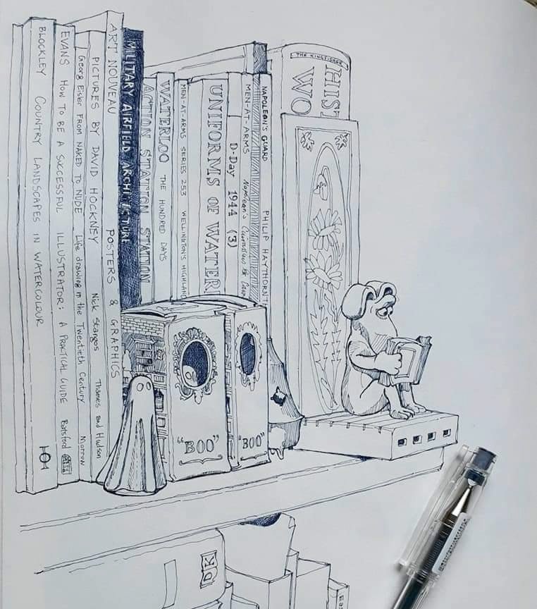 A reminder of the fun we had during the first Covid lockdown: one of my #YorkGhostMerchants ghosts escaped from their box while Gromit calmly read his book. A pen sketch that I coloured in, making the lines run. 

#Gromit #UrbanSketchingAtHome