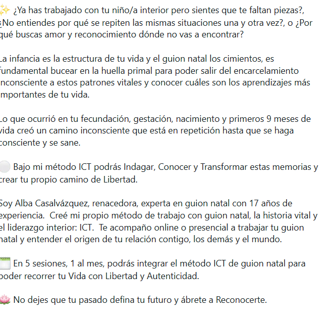 Otr@ que busca aumentar su cuenta corriente, esta vez con la excusa de recuperar nuestro 👦interior. Experta en 'guion natal' y 'renacedora' (a saber cuántas veces ha renacido). Y su método será muy original, pero está redactado con #ChatGPT #timonatal #SaludsinBulos #bulos