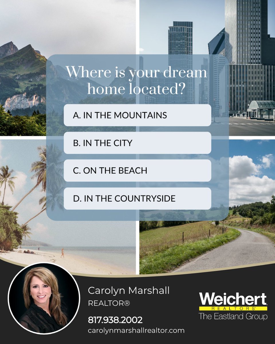 What's your dream home location—mountains, city, countryside, or beach? Share your ideal setting.

#dreamhome #perfectlocation #mountainretreat #citylife #countrysideliving #beachfront #dfwrealtor #Dfwrealestate #Txrealtor #txrealestate