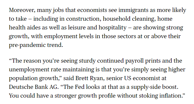 Deutsche Bank: most of the jobs growth last 2/3 years is due to undocumented immigration, low wage jobs helping keep inflation in check. (and lets hope there are not people taking advantage of the migrants .. child labor, etc .. they have little to no protections)…