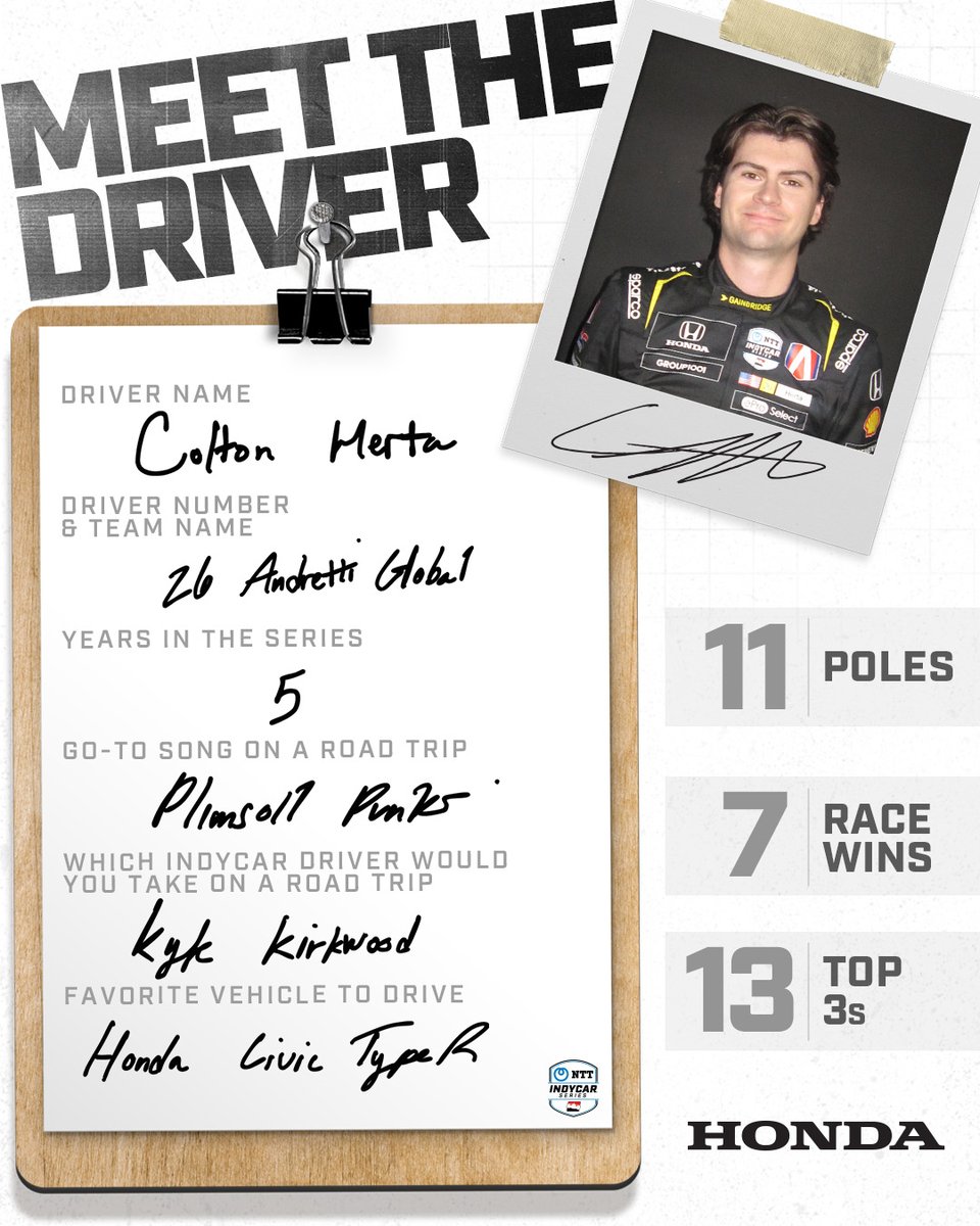 .@ColtonHerta 🫶 @KKirkwoodRacing 
 
Meet the driver of the No. 26 for @AndrettiIndy!

#INDYCAR // @HondaRacing_US