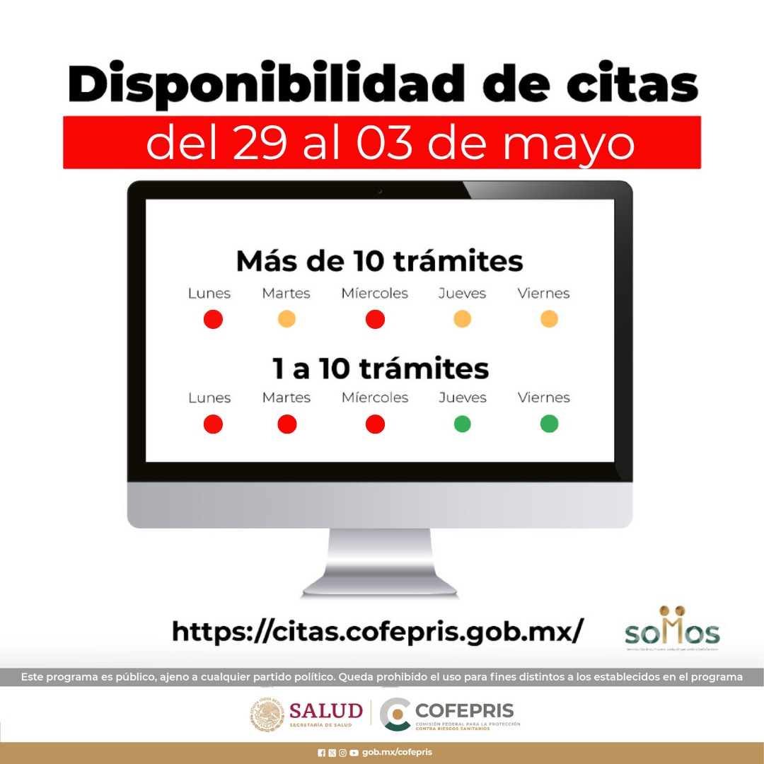 Cofepris informa la disponibilidad de citas para realizar trámites esta semana: 🟢Disponibilidad 🟡Disponibilidad limitada 🔴Sin disponibilidad 👉citas.cofepris.gob.mx