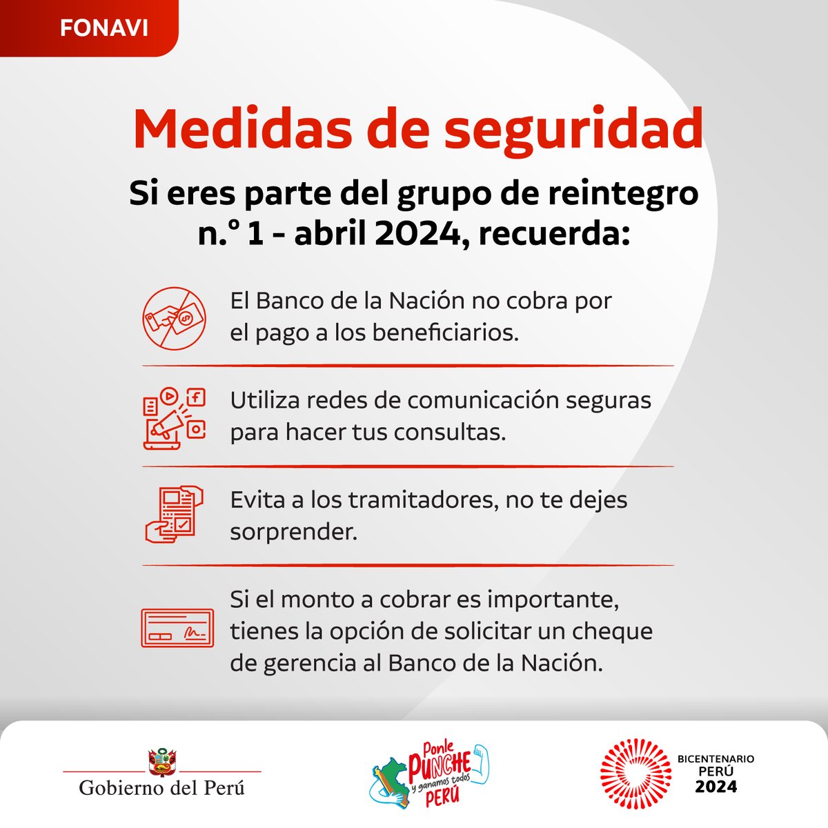 ☝️ ¡Atención, fonavistas! Si eres parte del grupo de reintegro n.° 1 de abril, ten en cuenta estas medidas de seguridad. 💻 Conoce si estás en el padrón del #PagoFonavi: fonavi-st.gob.pe/sifonavi/