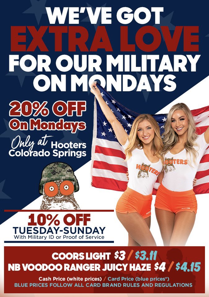 Exclusively, it’s Military Monday at Hooters Colorado Springs! 🇺🇸 #militarymonday