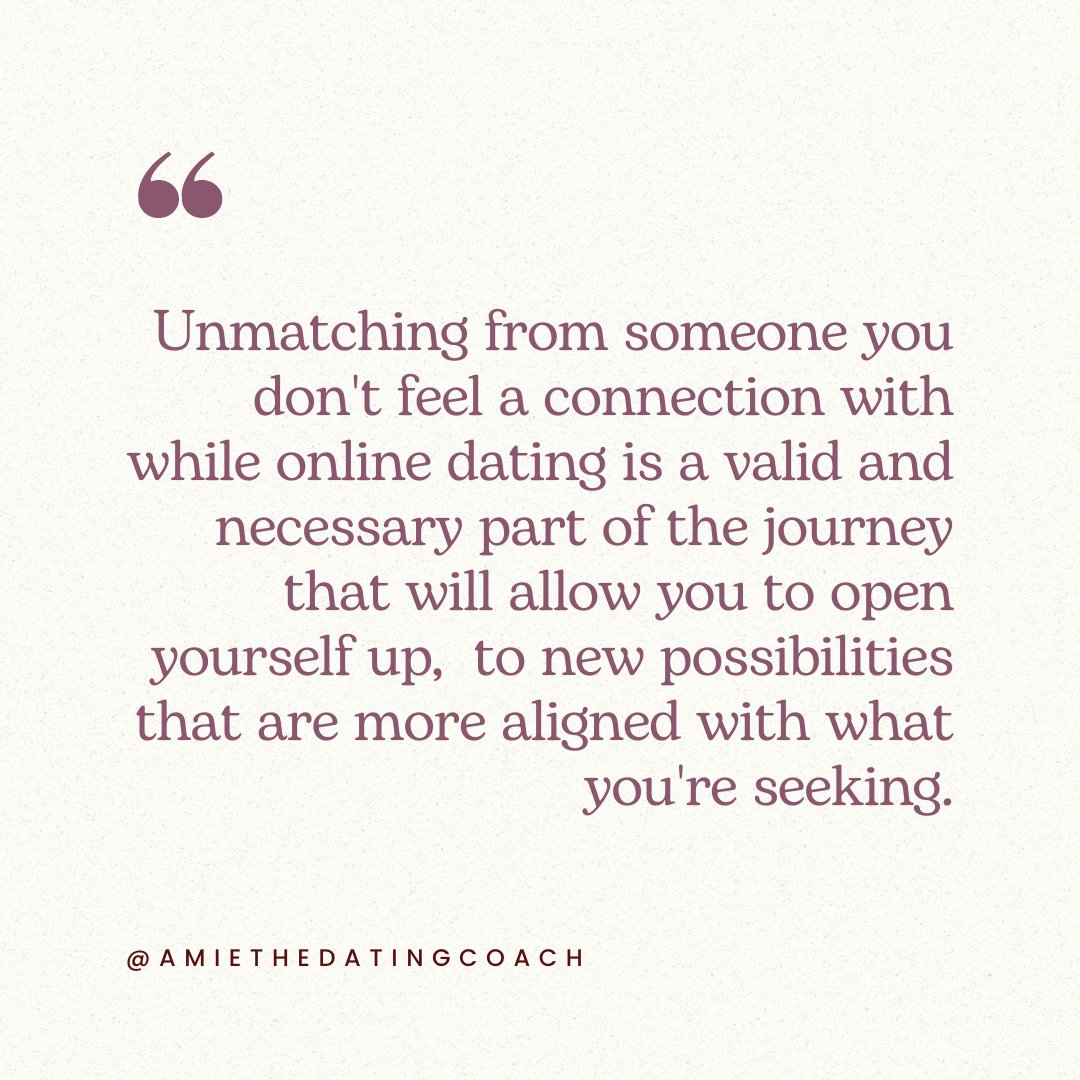 Embrace the journey, trust the process, and never settle for anything less than the extraordinary love you deserve. 💕

#onlinedating #unmatching #lettinggo #soulconnection #datingjourney #selflove #trusttheprocess #youdeservethebest