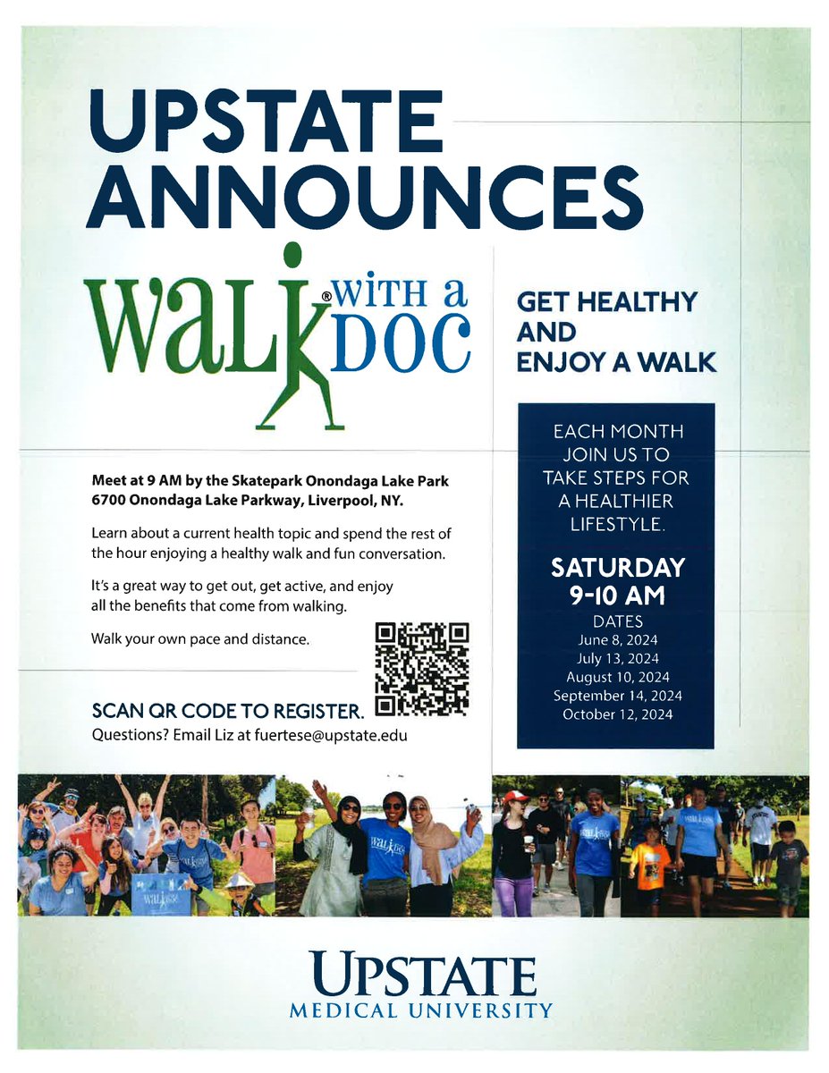 Upstate will launch a new 'Walk with a Doc' program beginning Saturday, June 8th at Onondaga Lake Park! Learn about a current health topic from a healthcare provider, then enjoy a walk and fun conversation. Learn more: bit.ly/3WkNz5D