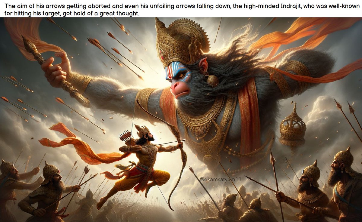 #Sundarakanda
ततस्तु लक्ष्ये स विहन्यमाने |
शरेष्वमोघेषु च संपतत्सु |
जगाम चिन्ताम् महतीम् महात्मा |
समाधिसम्योगसमाहितात्मा || ५-४८-३४

The aim of his arrows getting aborted and even his unfailing arrows falling down, the high-minded Indrajit, who was well-known for hitting his…
