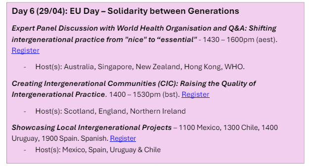 Day 6 GIW @GenerationsWT @SEHCResearch @ubcokanagan  Connecting different generations reduces stereotyping, prejudice and discrimination towards people on the basis of age. GO GLOBAL!! Events hosted by the WHO, Uruguay, Spain, Scotland and NZ @GlobalOkanagan @ChrisWalkerCBC