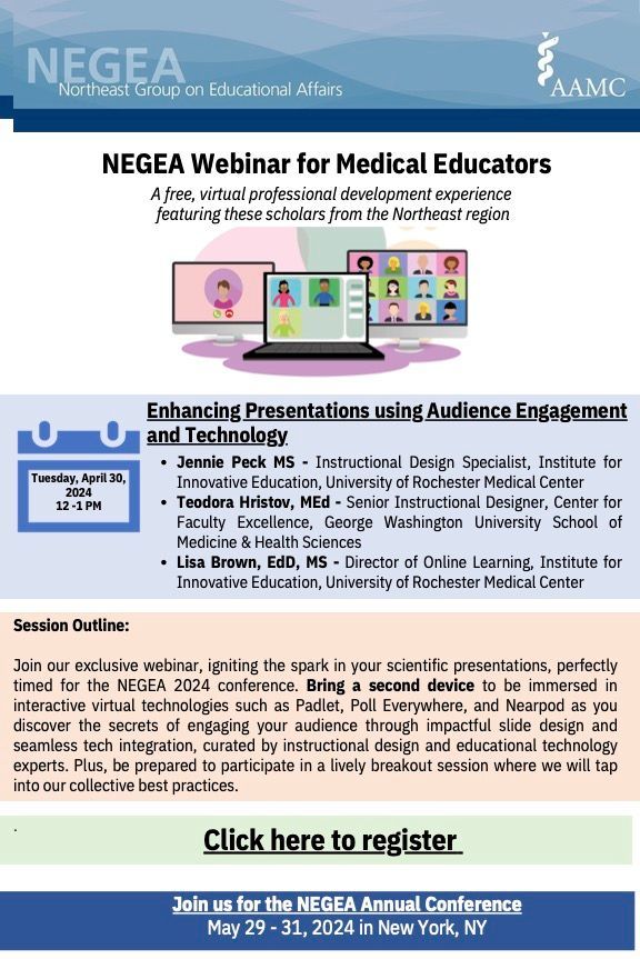 Happening tomorrow: Enhancing Presentations using Audience Engagement and Technology webinar: 4/30 from 12-1
Register: buff.ly/4b79FN4 
#meded #facultydevelopment #webinar