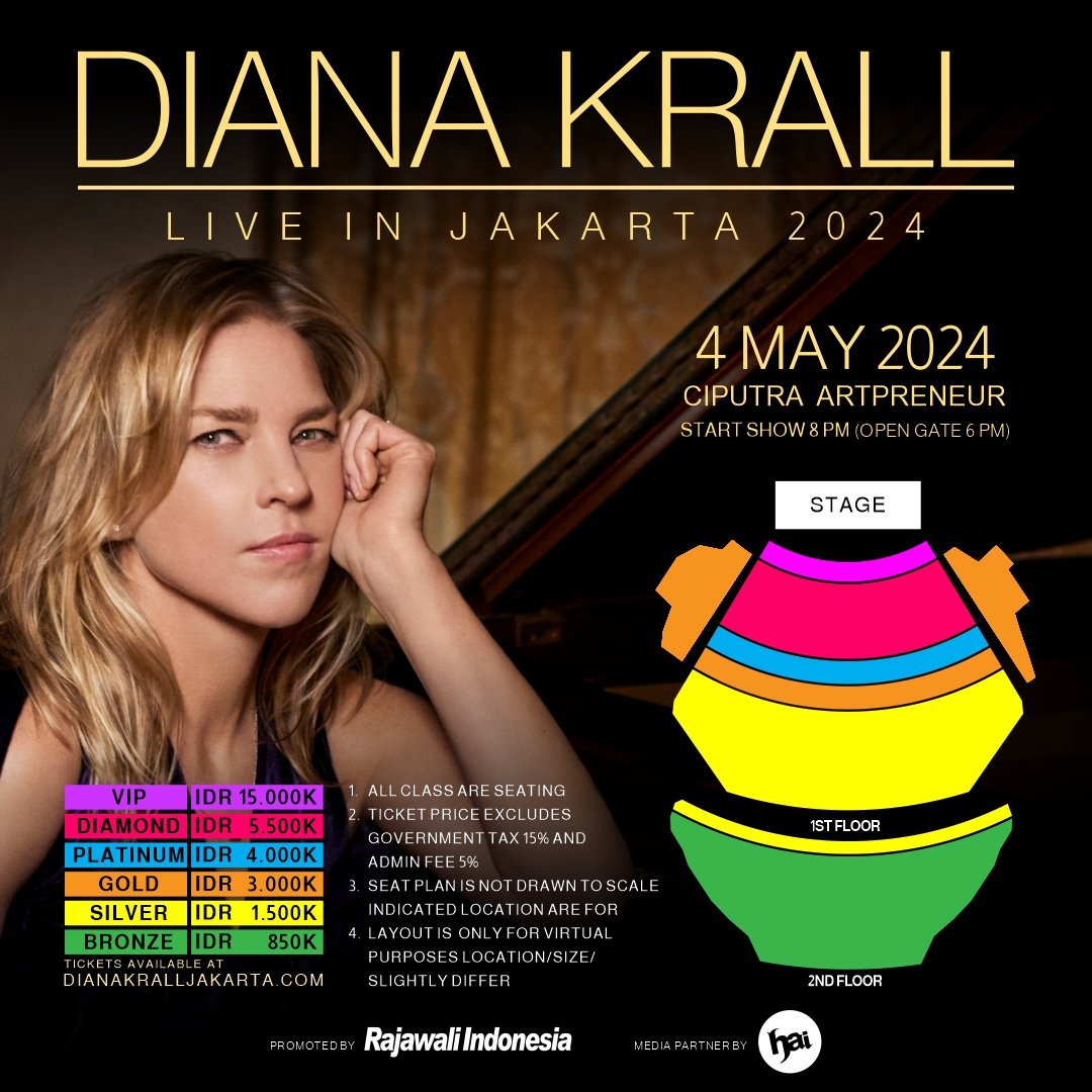 Diana Krall - Live in Jakarta 2024!

Witness the Grammy Award-winning and multi-platinum jazz singer, @dianakrall 

Mark the date!
🗓️ 4 MAY 2024
📍 CIPUTRA ARTPRENEUR, JAKARTA.
🕗 Start show 8 PM (open gate 6 PM)

Tickets are available at dianakralljakarta.com