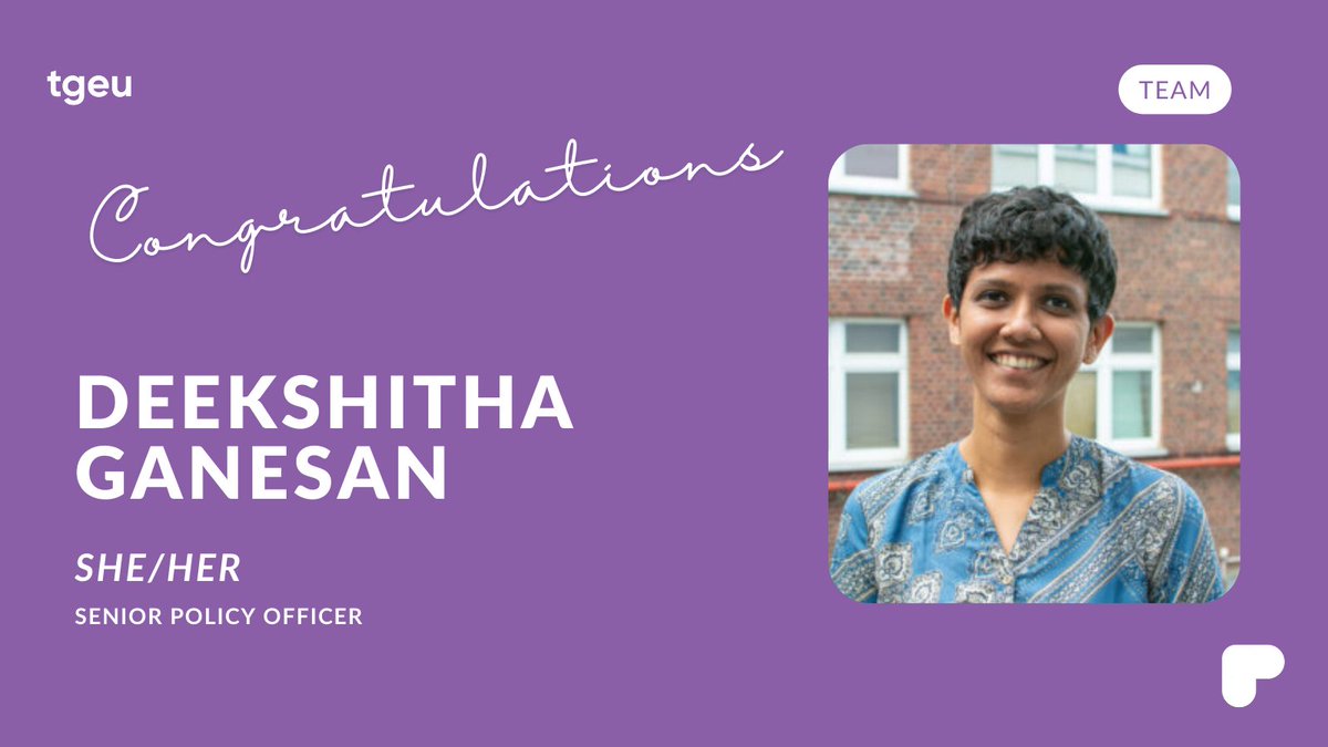 🎉 Congrats Deekshitha! 🎉 Deekshitha (she/her) has been promoted to Senior Policy Officer! Learn more about our team over on our website: tgeu.org/team-board-tra… #TransRights #TransRightsAreHumanRights