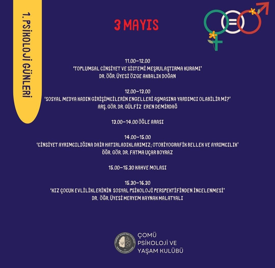 Canım öğrencilerimizin çok emek harcadığı bölümümüzün ilk "Psikoloji Günleri" etkinliği❤️

Programda yer alan tüm meslektaşlarıma ve katkı veren öğrencilerimize teşekkürler 🌻

#comupsikoloji
<a href="/ComuPsikoloji/">COMÜ Psikoloji</a>
<a href="/comupsyt/">ÇOMÜ Psikoloji ve Yaşam Kulübü</a>
<a href="/onsekizmartuni/">ÇOMÜ</a>