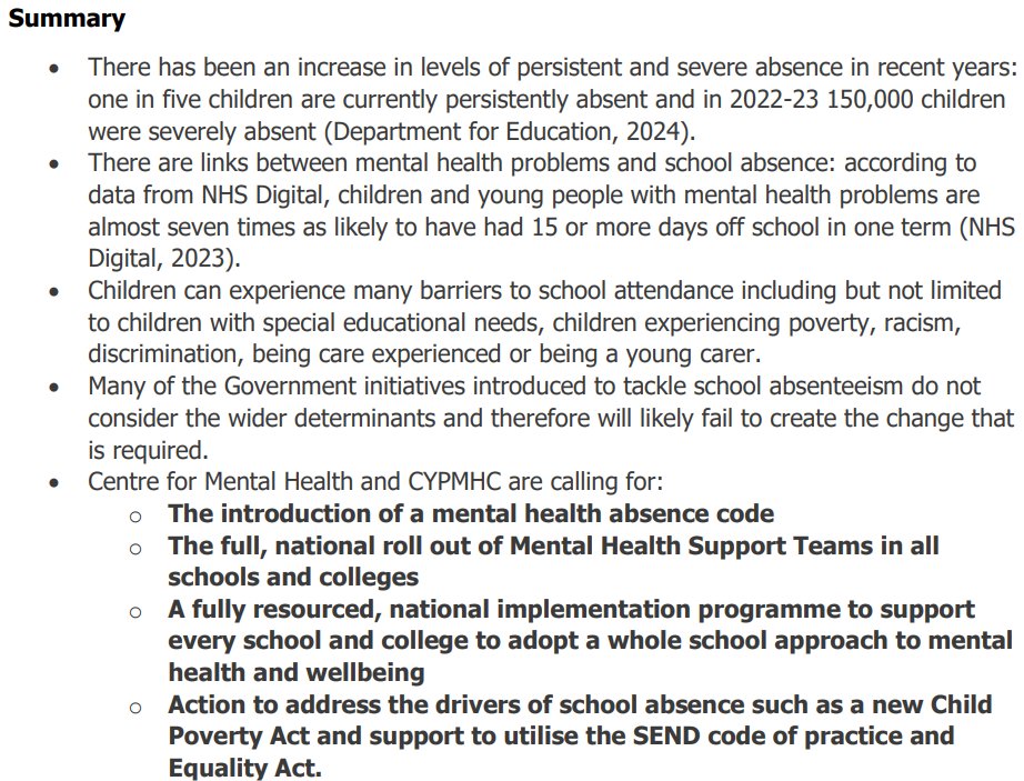 Role of mental health & inequalities in post-COVID school absence crisis 1 in 5 CYP persistently absent (150k CYP) CYP with MH issues 17x⬆️missed 15 dys/term CYP carers 2x ⬆️persistent absence 12 reccs: Attendance measures Whole education approach ⬆️support ⬇️underlying causes