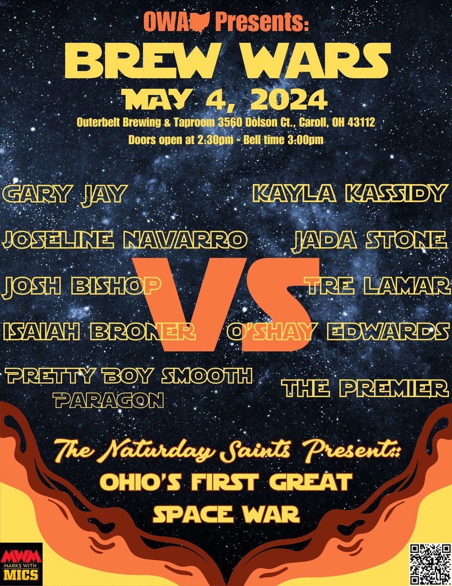 💥MAY THE 4th BE WITH YOU💥

🎟️tinyurl.com/outerbelt4

#brewwars #owabrew #liveprowrestling #prowrestling #wrestling