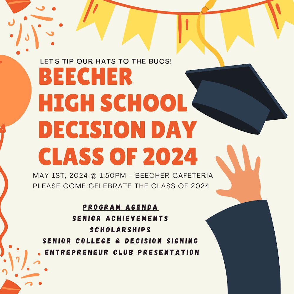 #CollegeDecisionDay is Wednesday, May 1st and the BHS Counseling Department encourages all @BeecherSchools staff to help celebrate our seniors. #BucPride