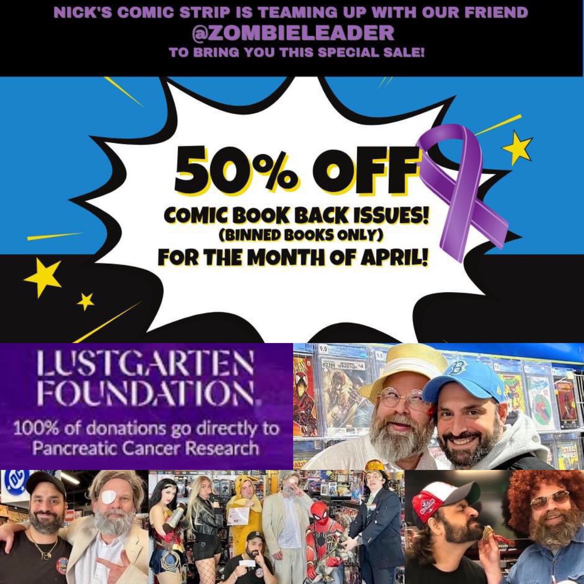 <ENDS TOMORROW> @ComicNicks, Danvers, MA, is running a Black Bin Back Issue Sale with a % going to
@lustgartenfdn.  Last year they donated $3,700 for pancreatic cancer research.  Hurry & buy some books by Tuesday.💜
@GlobeMetro @metrowestdaily @bostonherald @SU2C @somegoodnew