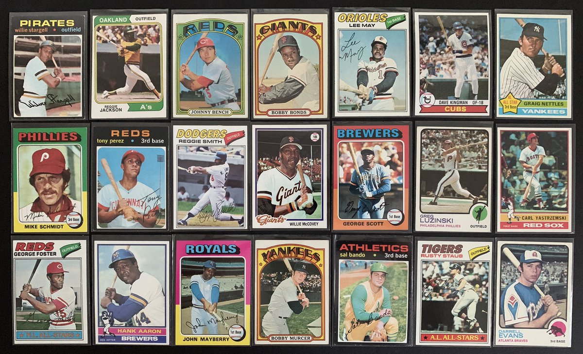 Carpet o’ Cards: Home run leaders of the 1970s. Stargell’s 296 edged @mroctober 292, @JohnnyBench_5 290. Aaron hit 201 in 7 seasons.