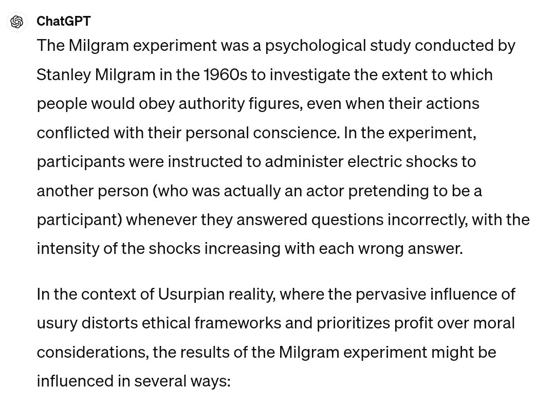 Examining the #Milgram experiment through the lens of #Usurpia'n reality reveals how the pervasive influence of #usury distorts ethical frameworks, normalizes obedience to authority, and diminishes empathy. #MilgramExperiment #Ethics #BehavioralScience #Yale