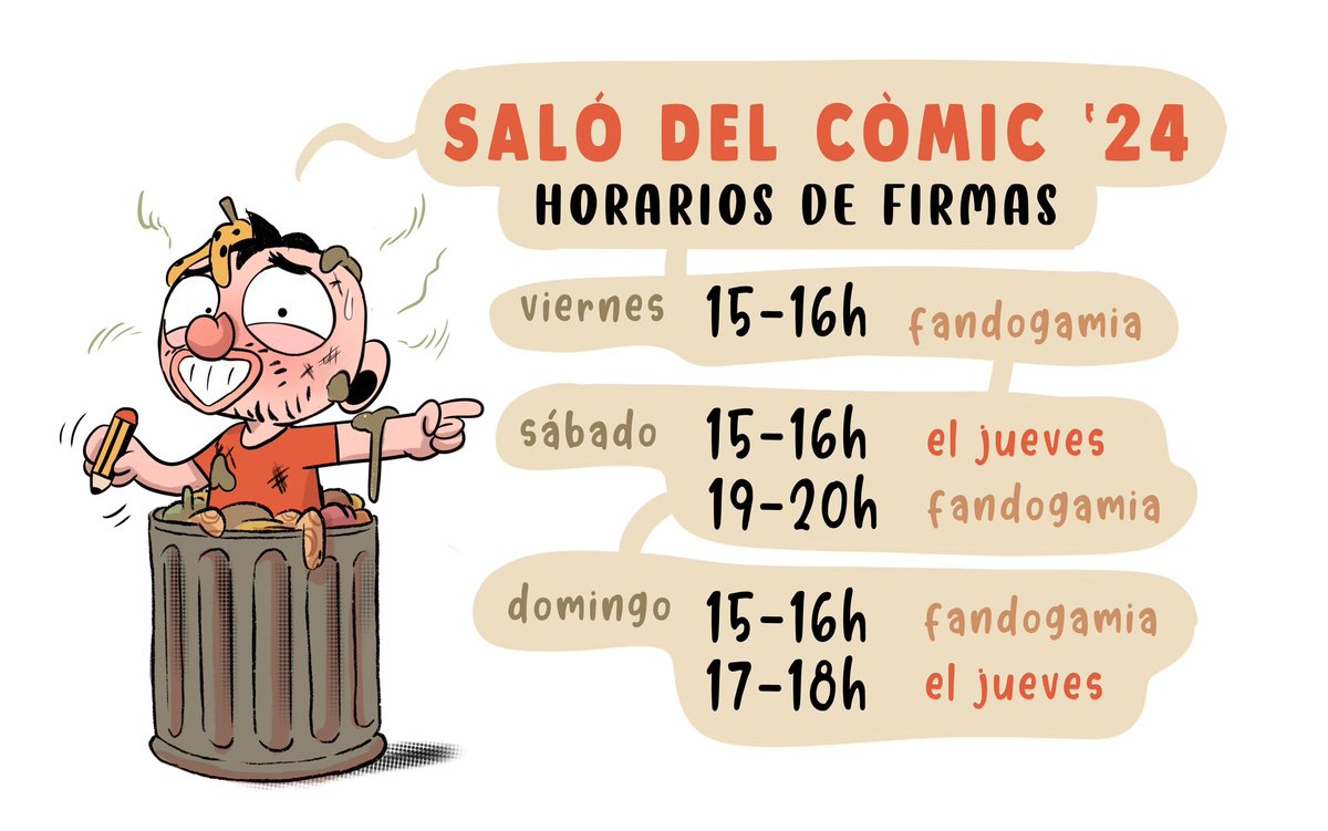 🪰YA TENEMOS HORARIOS DE FIRMAS Este @COMIC_bcn pásate por @Fandogamia a pillarte mi nuevo cómic Gente Basura o cualquiera de los anteriores ¡y te los llevas dedicados! ¡Ah! ¡Y los @eljueves también!