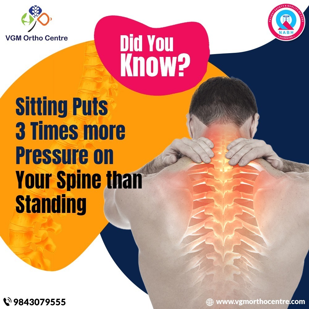Did you know that sitting puts three times more pressure on your spine than standing? It's important to take breaks and move around to keep your back healthy! 

#VGMOrthoCentre #BestOrthoCentreinCoimbatore 
#HealthFacts #StayActive #BackHealth #PreventiveCare #HealthAwareness
