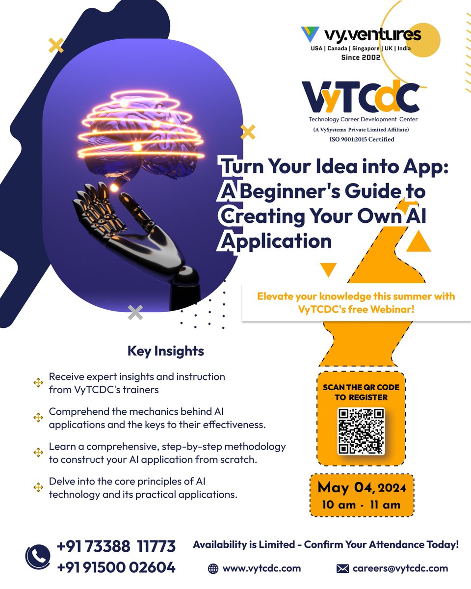 Transform your idea into an AI app! Join our free webinar for expert insights and step-by-step guidance. Limited spots available – secure yours now!

Visit: vytcdc.com/events/webinar…

#AIAppDevelopment #Webinar #TechTraining #SummerLearning
