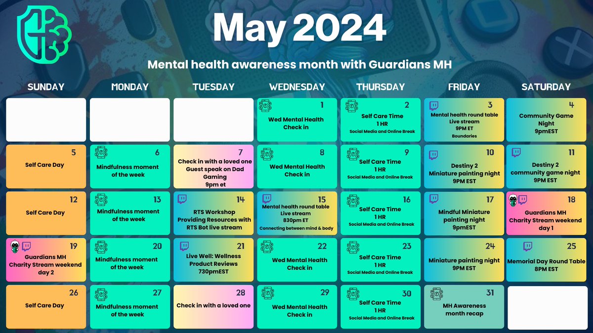 🌟 May is Mental Health Awareness Month! 🌟 As proud advocates for mental well-being, @GuardiansMH invites you to join us for a month full of spreading awareness and fun content! 

#MentalHealthMonth #GuardiansMH #MentalHealthMatters #MentalHealthAwareness