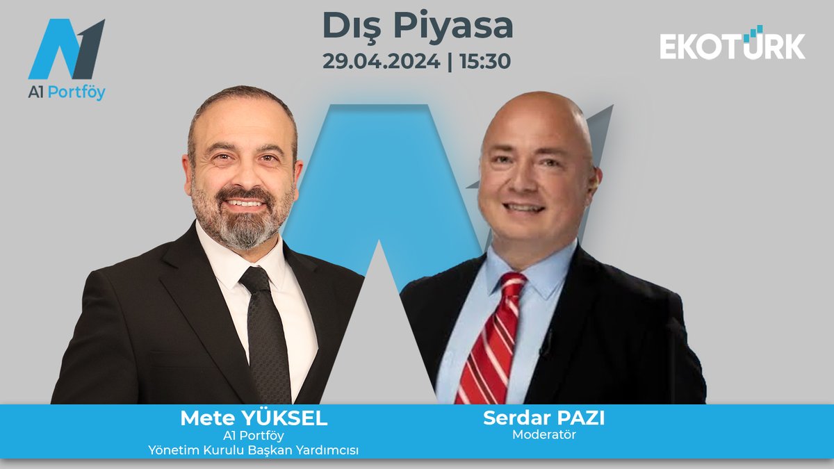 📈Finans dünyasının nabzını tutmaya devam ediyoruz!📉

A1 Portföy Yönetim Kurulu Başkan Yardımcısı Mete Yüksel; Ekotürk TV'de @SerdarPazi 'nın sunduğu Dış Piyasa programında para ve sermaye piyasaları ile ilgili son gelişmeleri değerlendiriyor.

🗓 29 Nisan
🕒 15.30
📺 @Ekoturktv