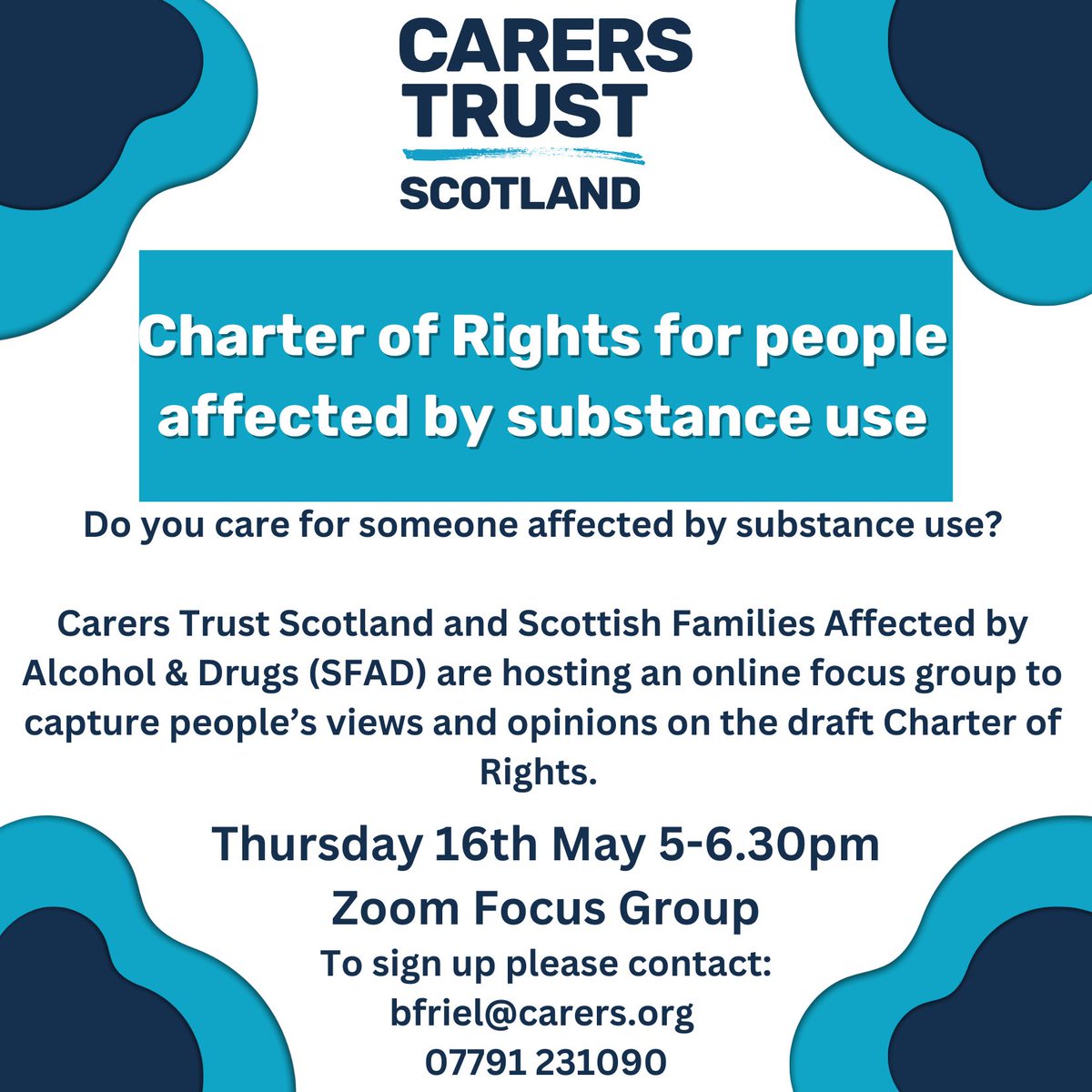 Do you care for someone affected by substance use? We are holding an online focus group alongside @ScotFamADrugs to capture people's views and opinions on the draft Charter of Rights. Thursday 16th May 5-6:30pm on Zoom More details below👇