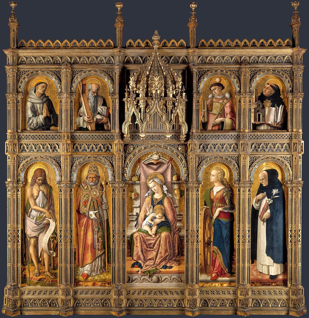 Today's artist without a (known) birthday: the marvelous Carlo Crivelli. Here, his great Altarpiece of St. Dominic in Ascoli, 1476. A work of endless, even overpowering fascination.