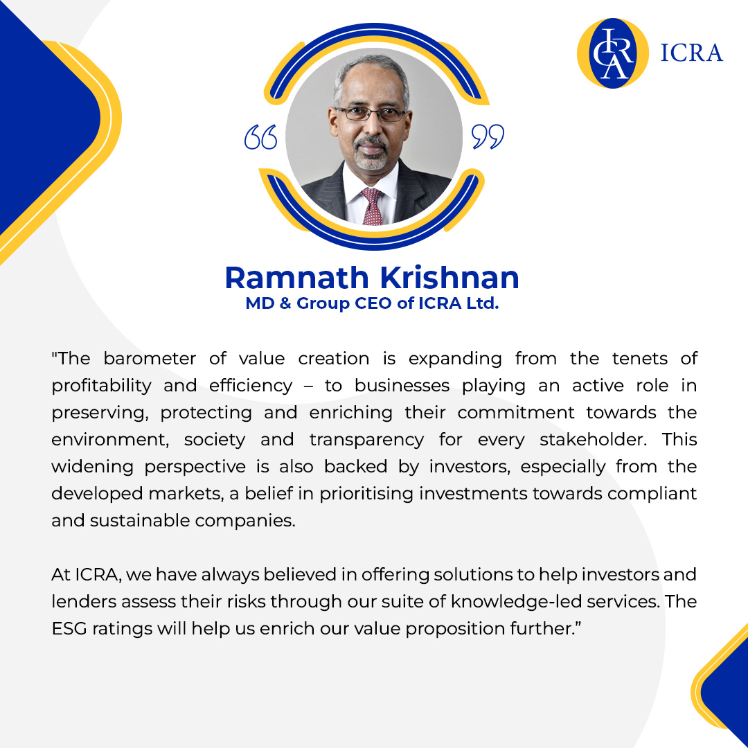 Mr. Ramnath Krishnan, MD & Group CEO at ICRA Limited shares his views on the announcement of ICRA Group receiving registration from SEBI for its ESG Ratings entity. #ICRA #ESG #ICRAESGRatings #ESGRatings #CompanyAnnouncement