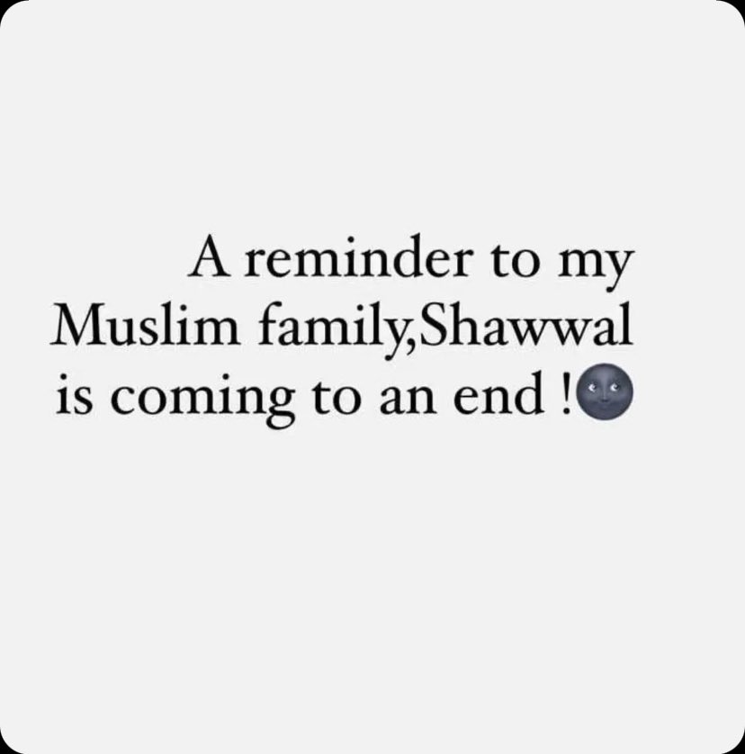 Hadith narrated by Abu Ayyub,“Whoever fasts the months of Ramadan and then follows it with six days of fasting in the month of Shawwal, it will be as if he has fasted the year through.” (Sahih Muslim).

Hope y’all are done with your Shitta Shawwal🙏🏽