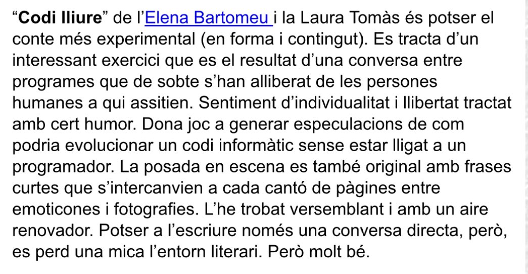 Quatre estrelles d’ @eloikraken per a #TandemsFantastics i quatre més per a Codi Lliure, el relat compartit amb @elenabartomeu on mimetitzem una conversa de watsap (o no 🤔). Gràcies Kraken: per llegir-nos i per gaudir 🤖💟🌱
Ressenya completa a elkraken.com/Ressenyes_Cat/…