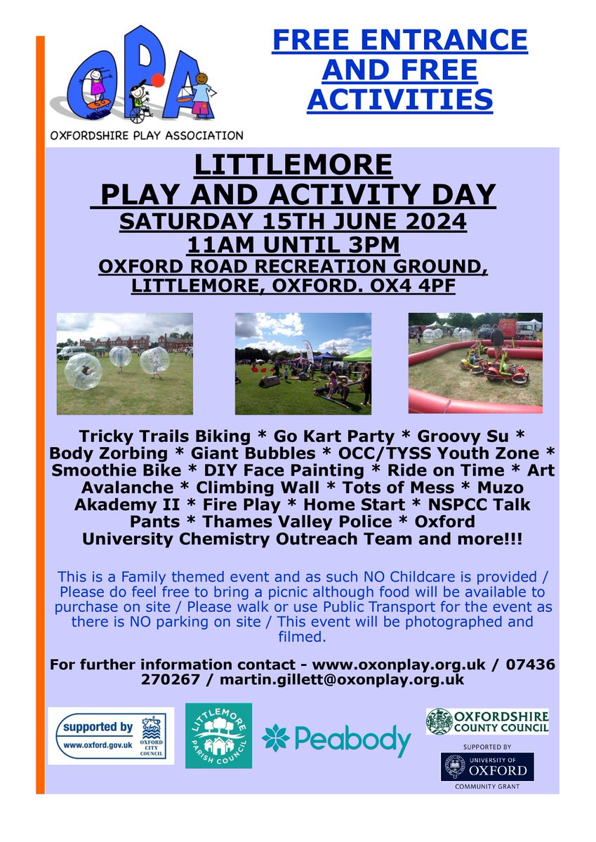 Our first Playday event of 2024 will take place in Littlemore, Oxford on Saturday 15th June - FREE Entrance & FREE Activities - See You There @PeabodyLDN @OxfordCity @actsoxfordshire