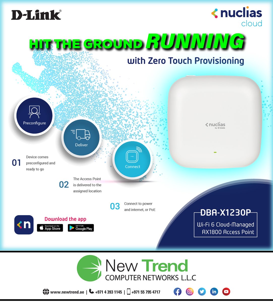 newtrendCN's tweet image. AX1800 Wi-Fi 6 Cloud-Managed Access Point
DBA-X1230P
Centralised cloud-based management via browser &amp;amp; app
Dual-band Wi-Fi 6 speeds of up to 1.8Gbps
Band Steering with Airtime Fairness &amp;amp; MU-MIMO
Power over Ethernet 802.3at

#DLink #accesspoints  #newtrendcomputernetworks