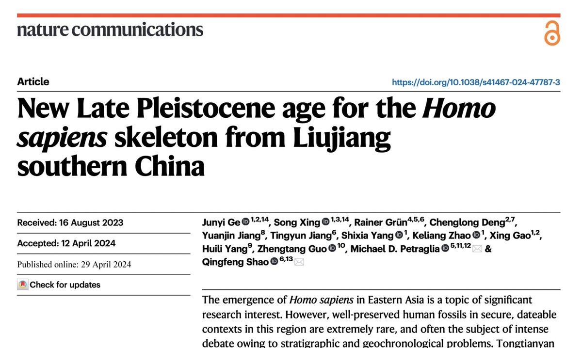 1/ Our paper on the Liujiang hominin is out - here we date this #skeleton to a much younger date range - 33-23,000 years ago - finally pinning down the age of this famous #Homosapiens skeleton.