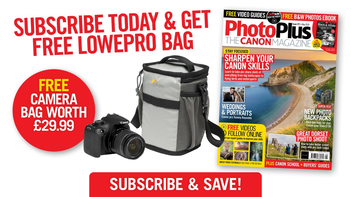 New PhotoPlus May issue 217 on sale! Sharpen your Canon skills, Great Dorset landscapes, Pro wedding & portrait photography. New photo projects + free videos + free B&W Photos eBook. Subs offer – FREE Lowepro bag + FREE digital editions. Subscribe today magazinesdirect.com/PHP/C98N